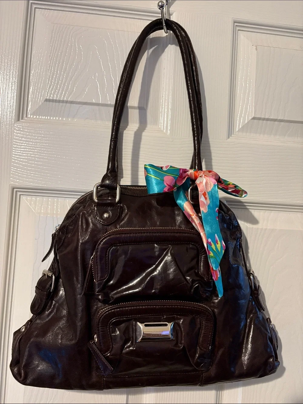latico Dark Brown Leather Shoulder Bag with Blue Floral Scarf